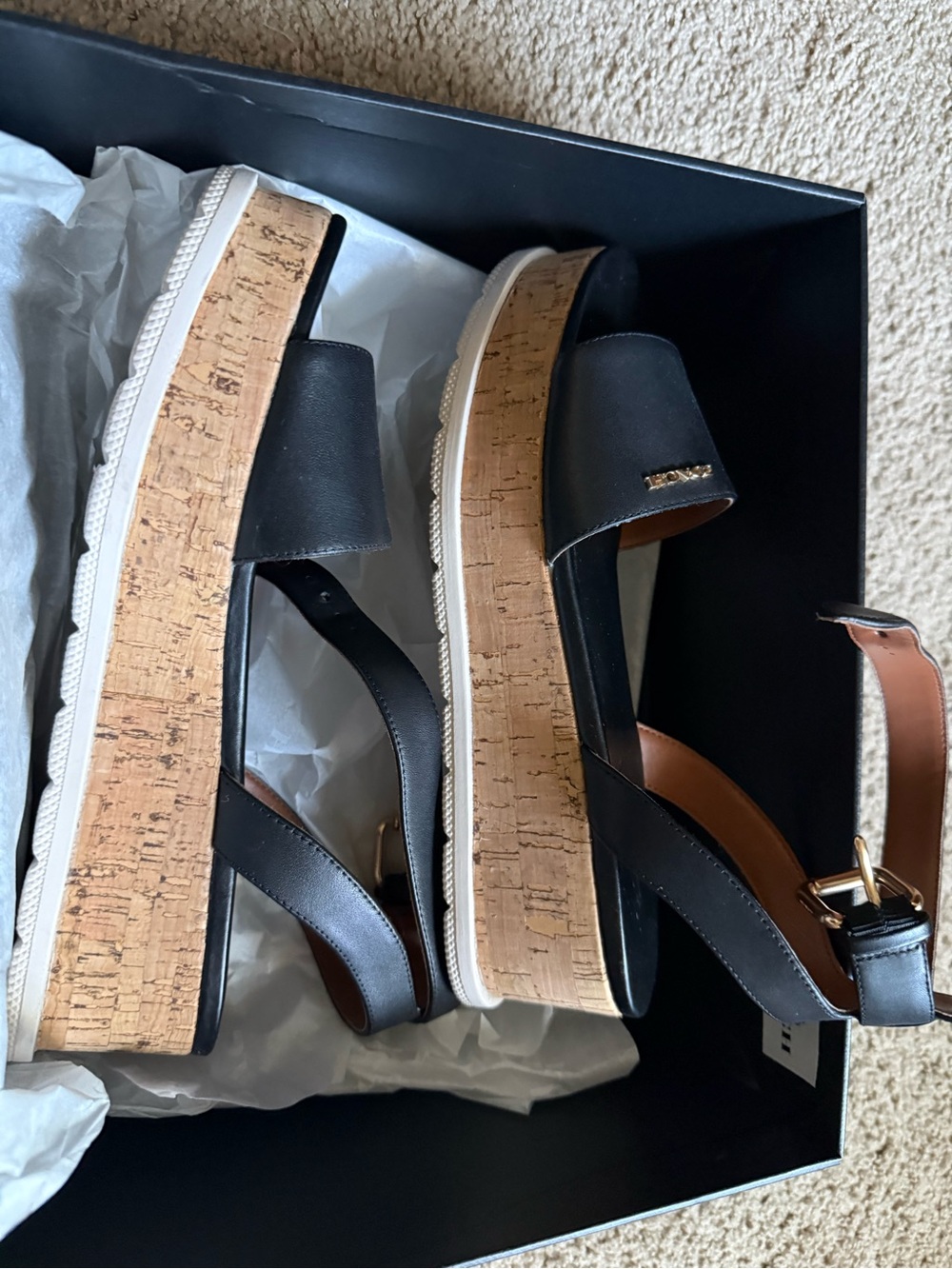 Coach Black Leather Cork Platform Slingback Sandals